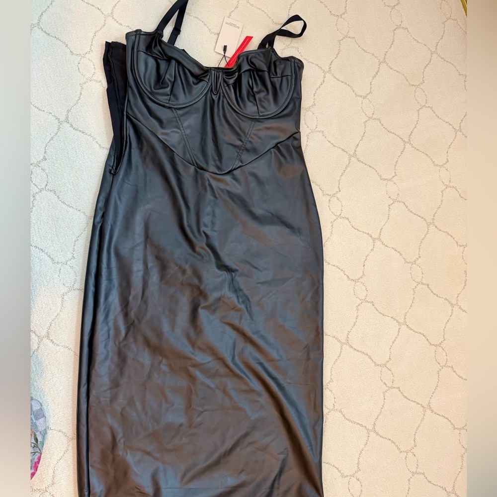 Popilush Faux Leather Shapewear Midi Dress – Black – Size 2XL – NWT